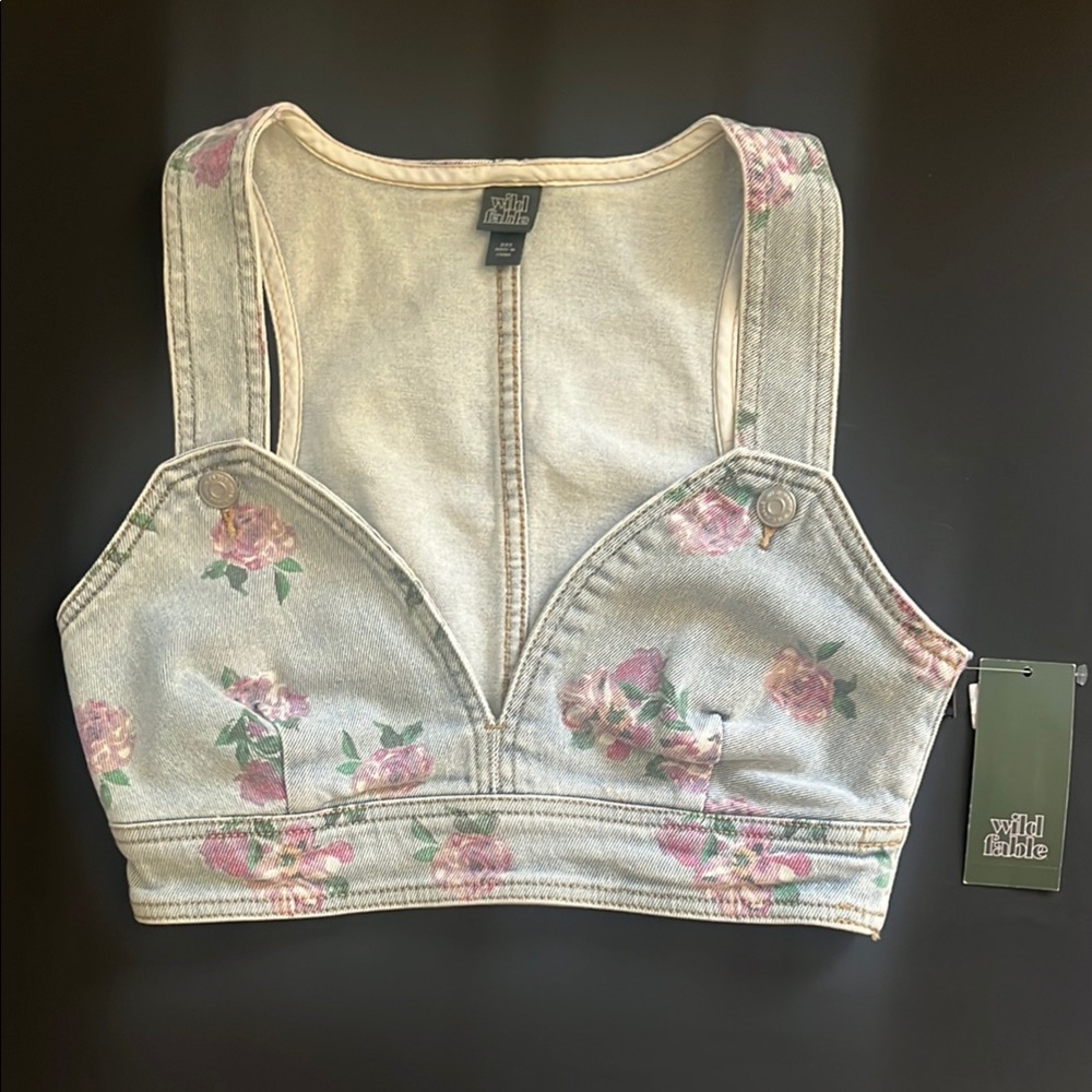 Wild Fable Floral Denim Crop Top - Gray and Pink